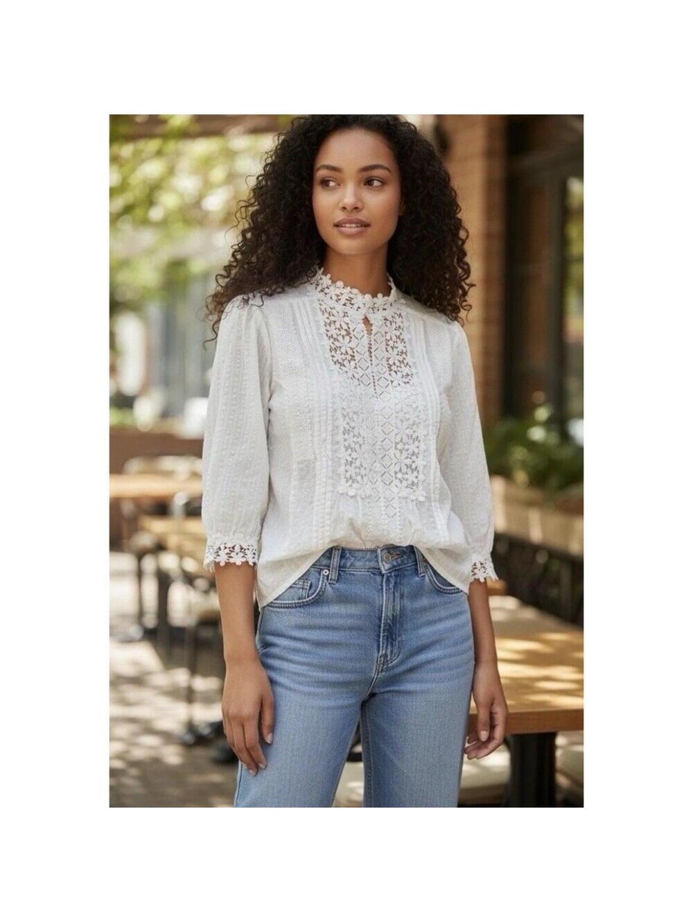 Women's Long Sleeve VICI white floral lace blouse embroidery cotton Comp Small
